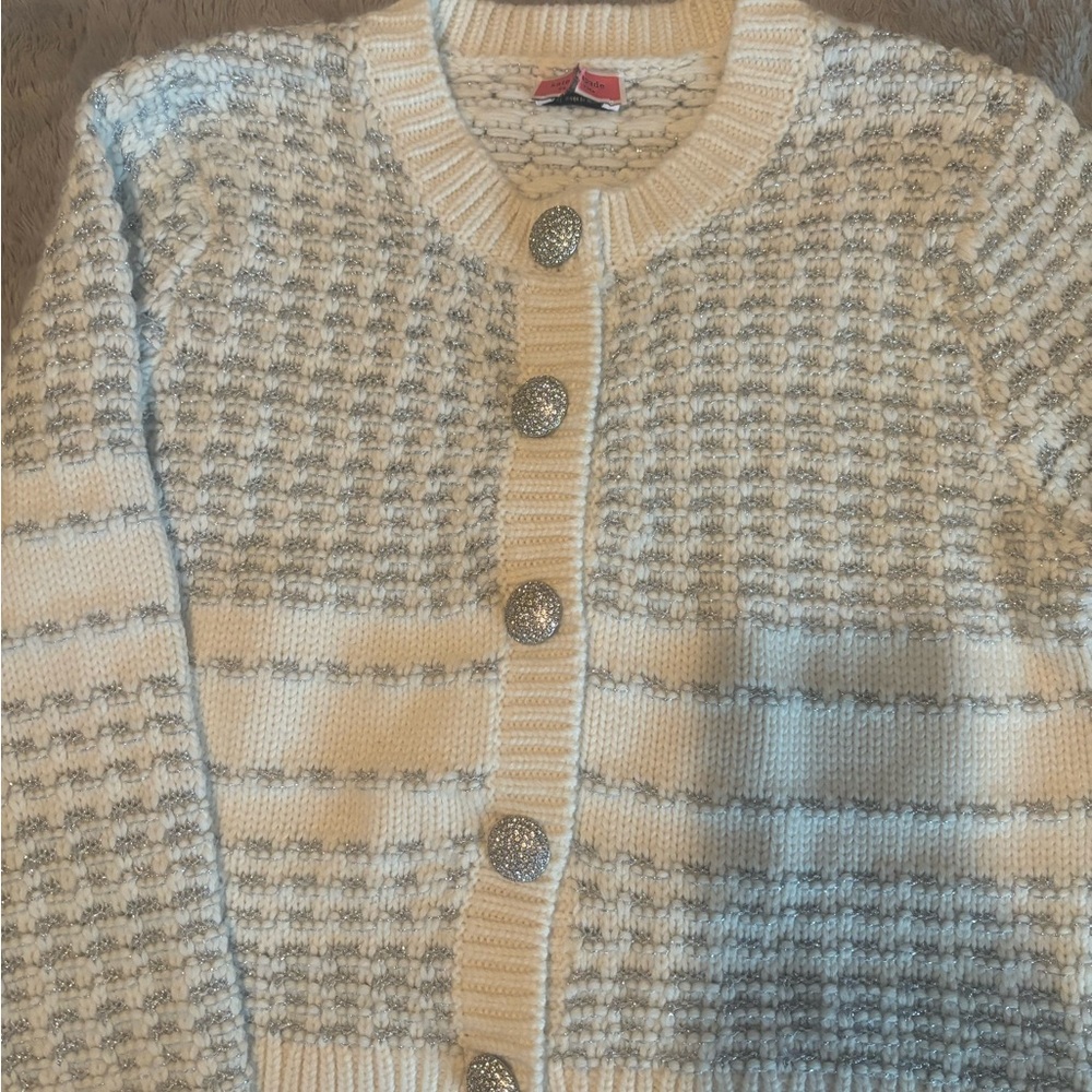 XL Kate Spade Jewel Button White & Silver Striped Cardigan Sweater - Picture 2 of 5